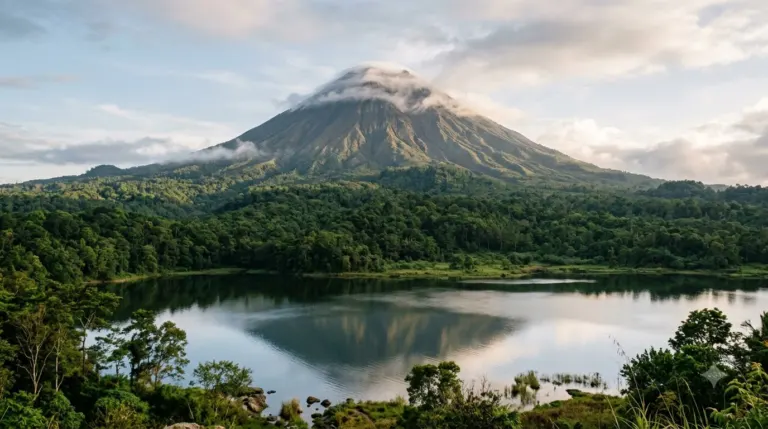 Scenic view of a volcano with a lake and lush green forest in the foreground.