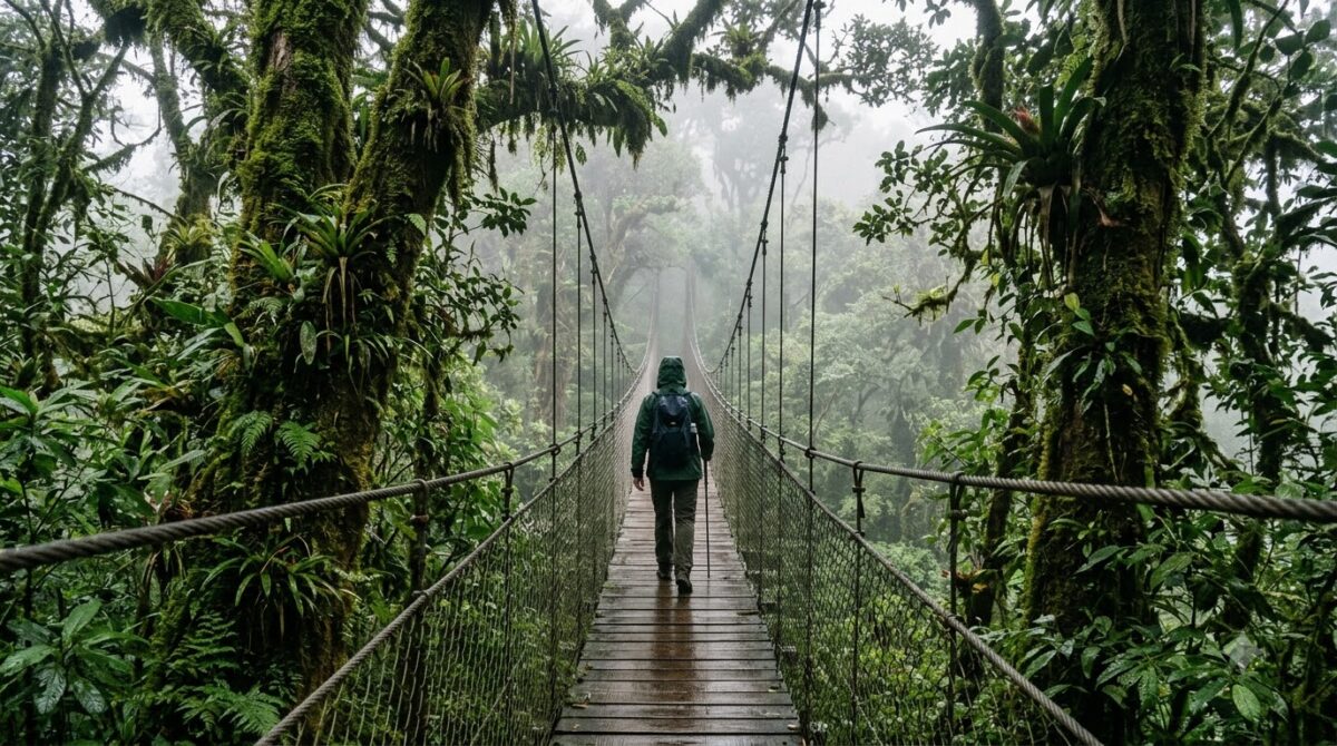 Suspension walkway through the misty canopy of a cloud forest in Monteverde, Costa Rica