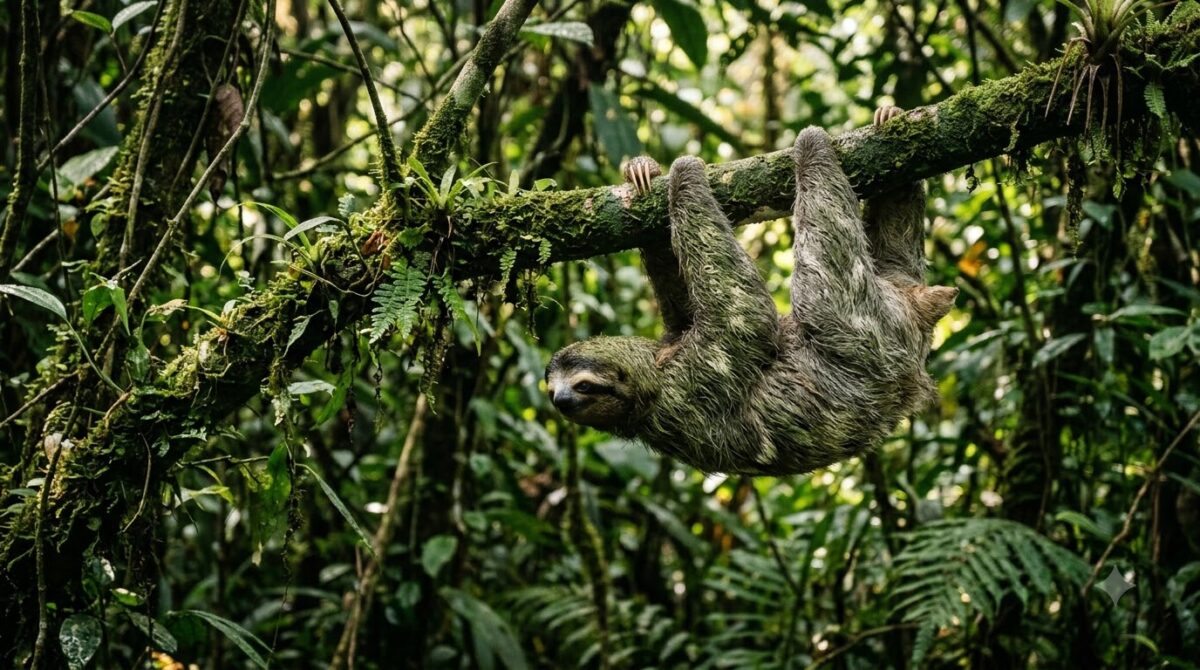 Three-toed sloth hanging from a mossy branch in Costa Rican rainforest canopy