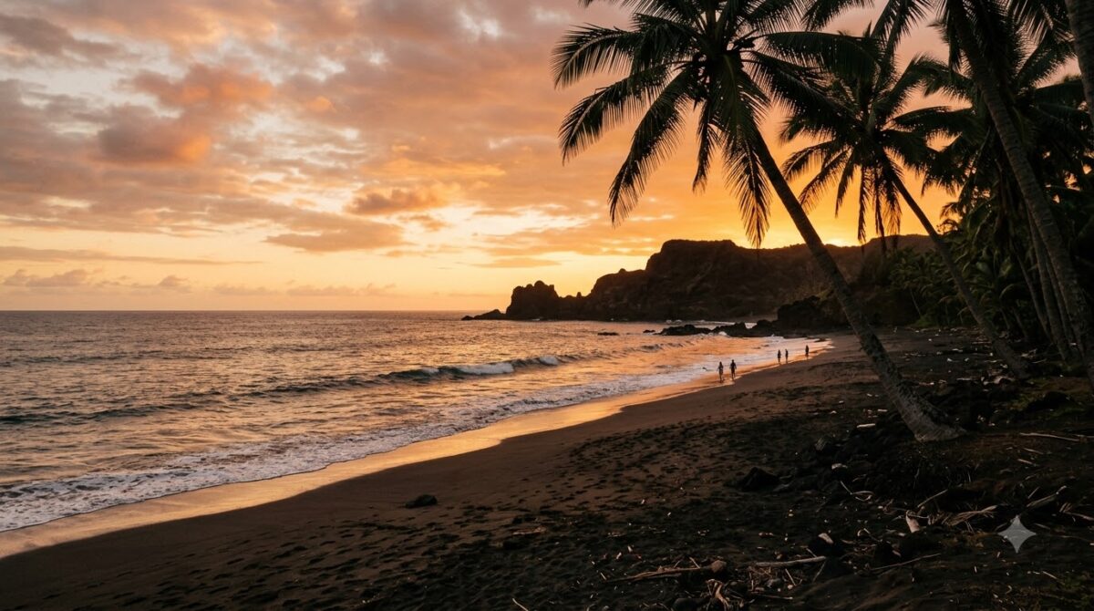 Pacific beach at sunset with surf and leaning palms on the coast of Costa Rica
