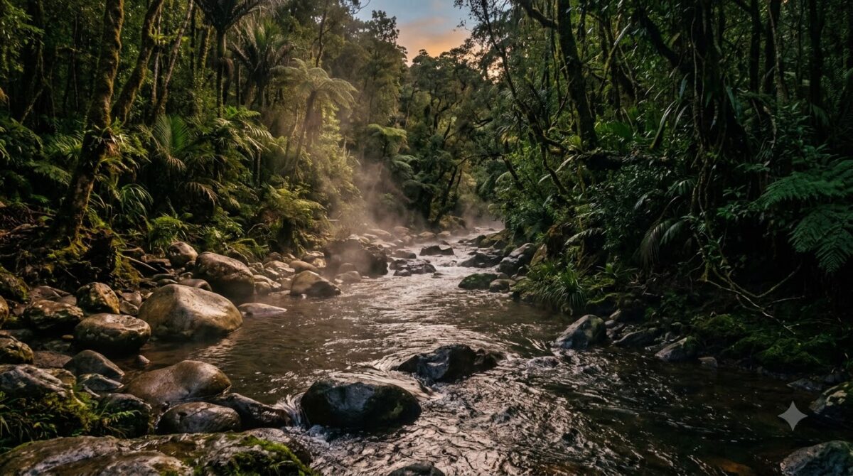 Natural thermal river steaming through rainforest near Arenal, Costa Rica