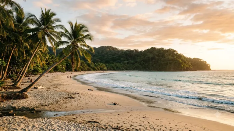 Scenic tropical beach with palm trees and ocean waves at sunset.