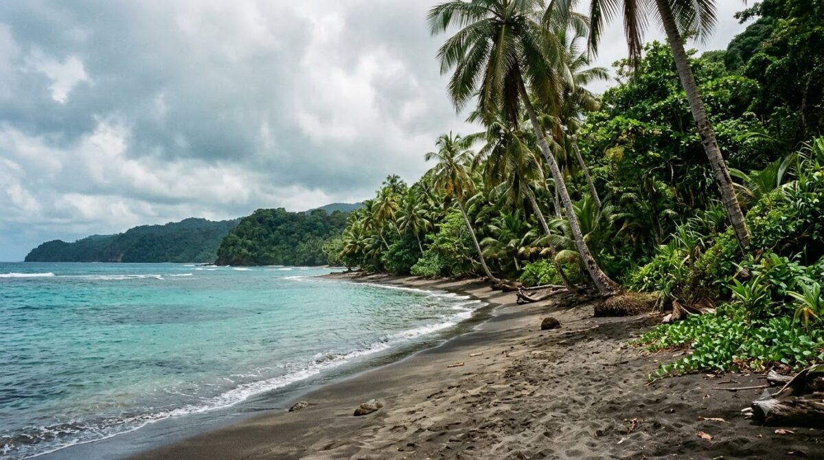 Caribbean beach in Costa Rica with dark sand and jungle growing to the shoreline