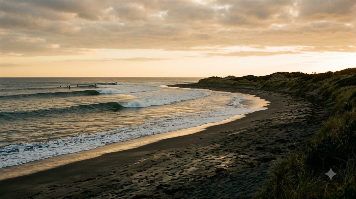 Surf beach in Costa Rica with clean waves and distant surfers at sunset