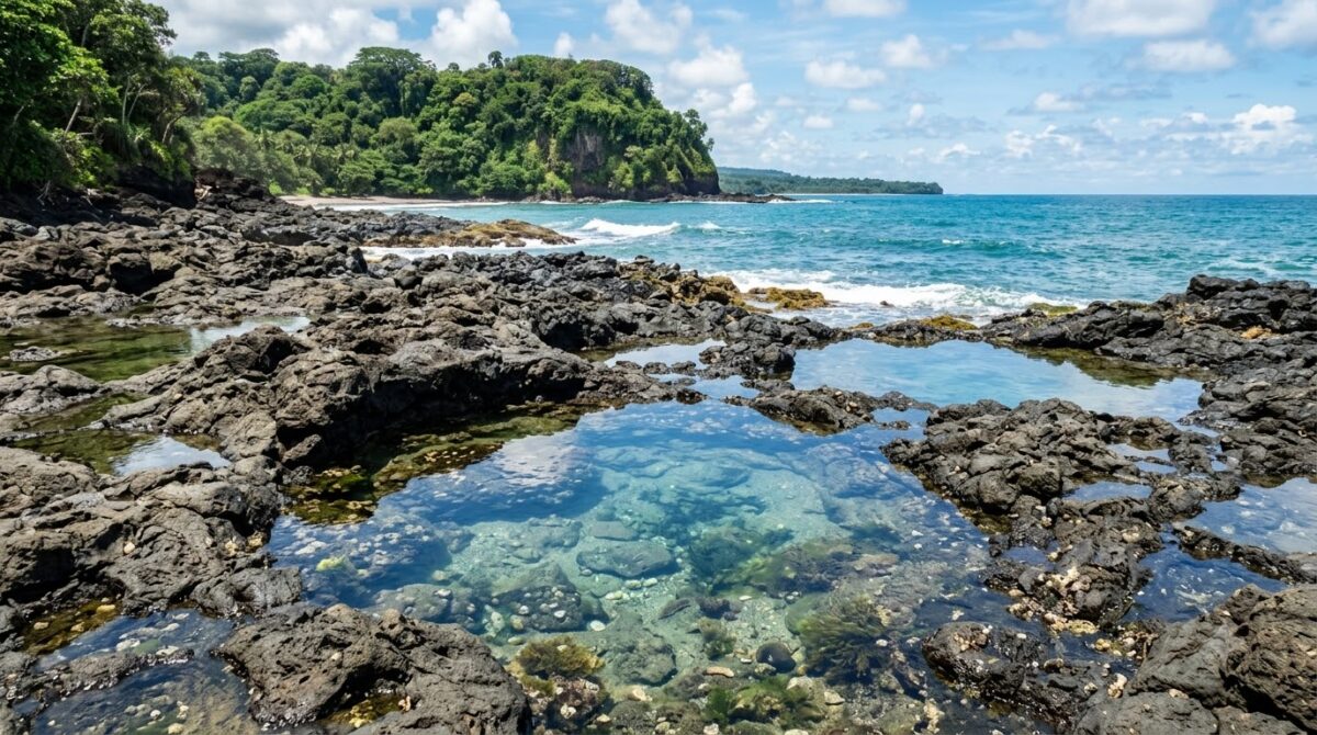 Rocky tide pools at low tide on the Costa Rican coast