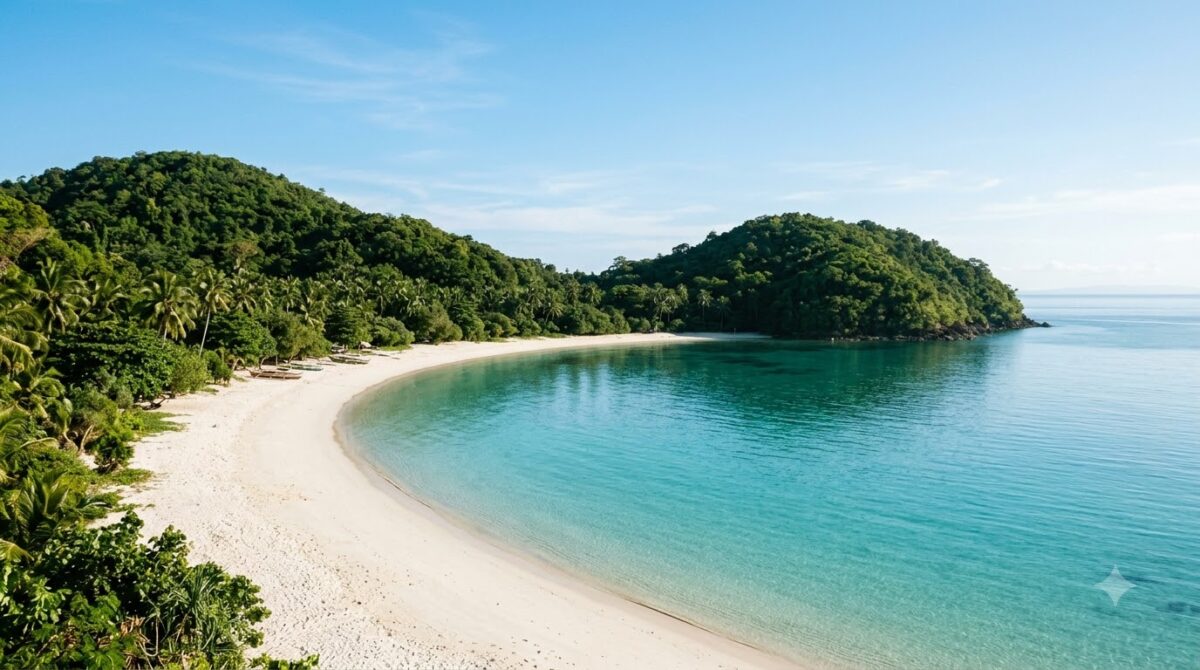 Sheltered turquoise bay with calm water and white sand in Costa Rica
