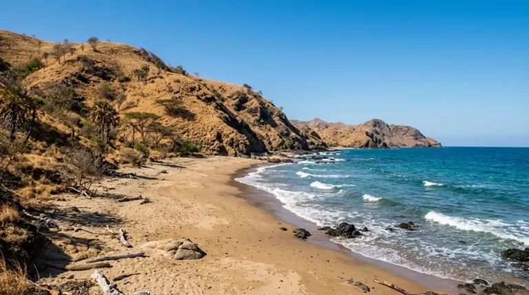 Beautiful beach with rocky hills, sandy shore, and calm blue ocean under clear sky.