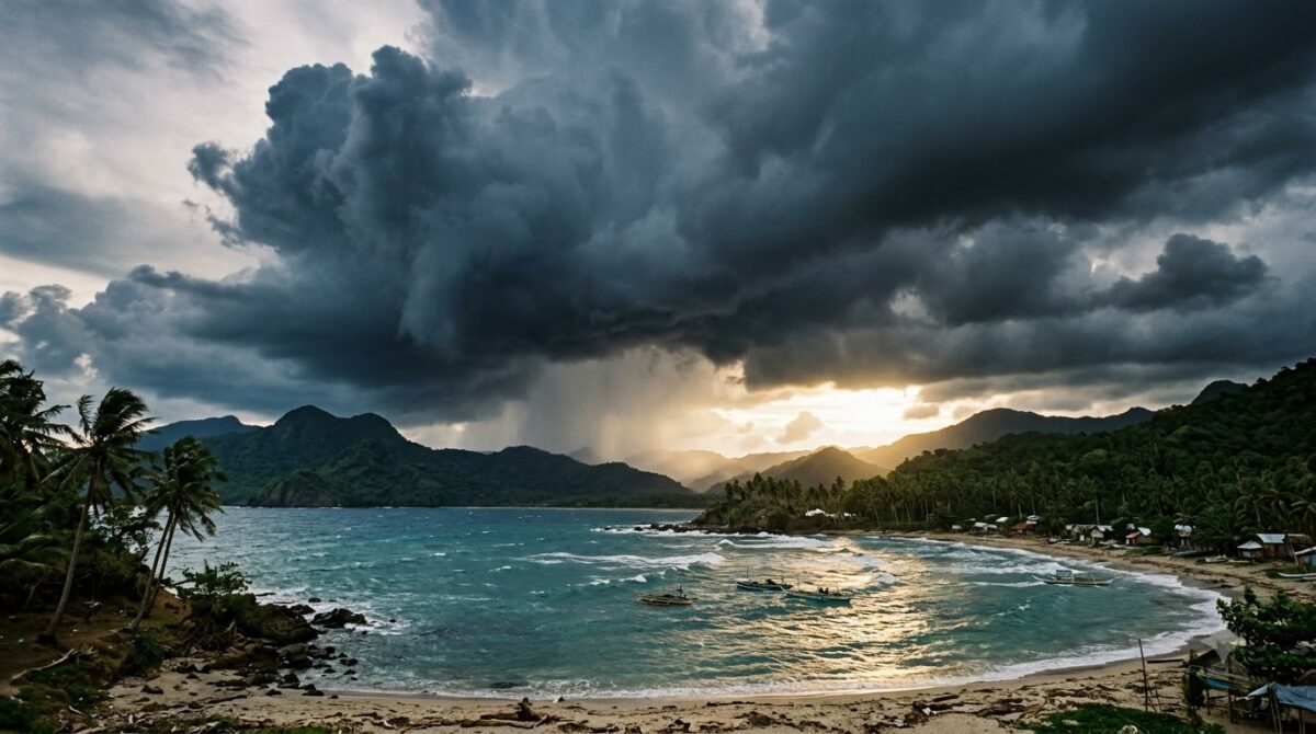 Storm clouds building over a tropical bay in Costa Rica in the afternoon