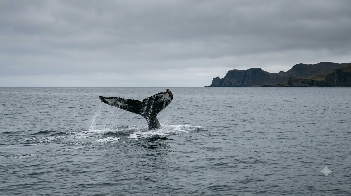 Humpback whale tail lifting out of the Pacific Ocean off Costa Rica