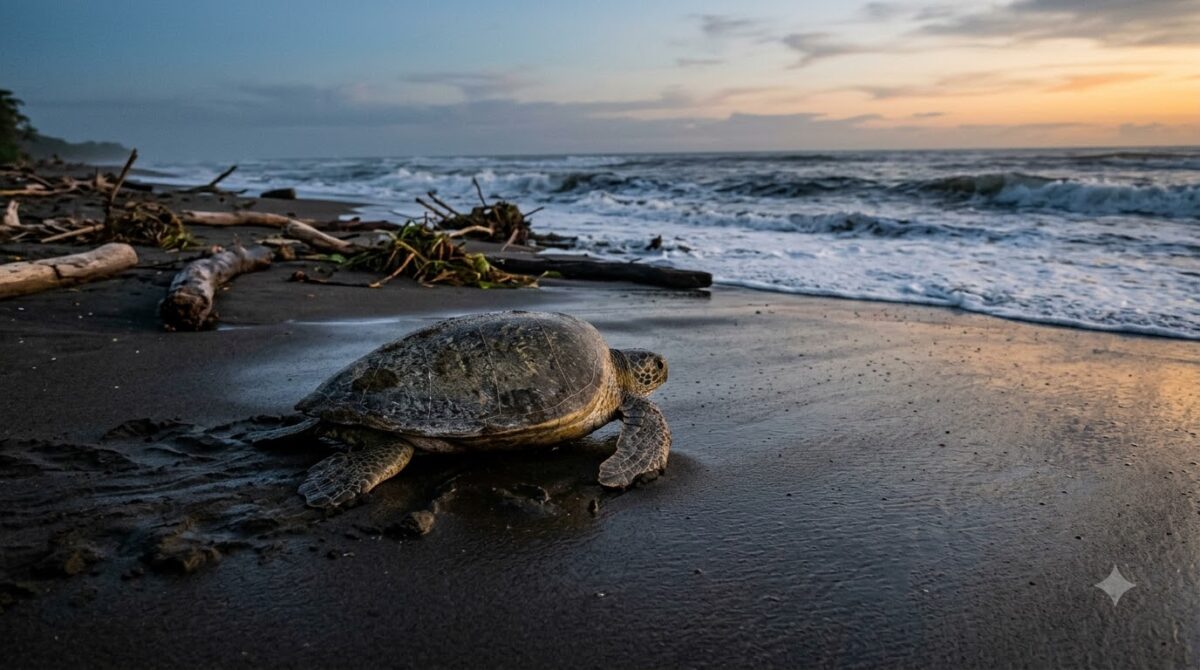 Sea turtle crossing dark sand towards the ocean at dawn in Costa Rica