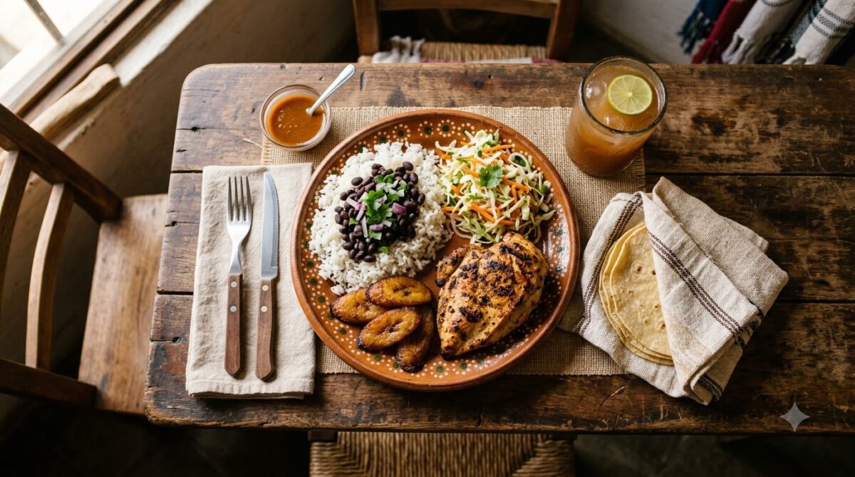 A casado plate of rice, black beans, fried plantain, salad and chicken in Costa Rica