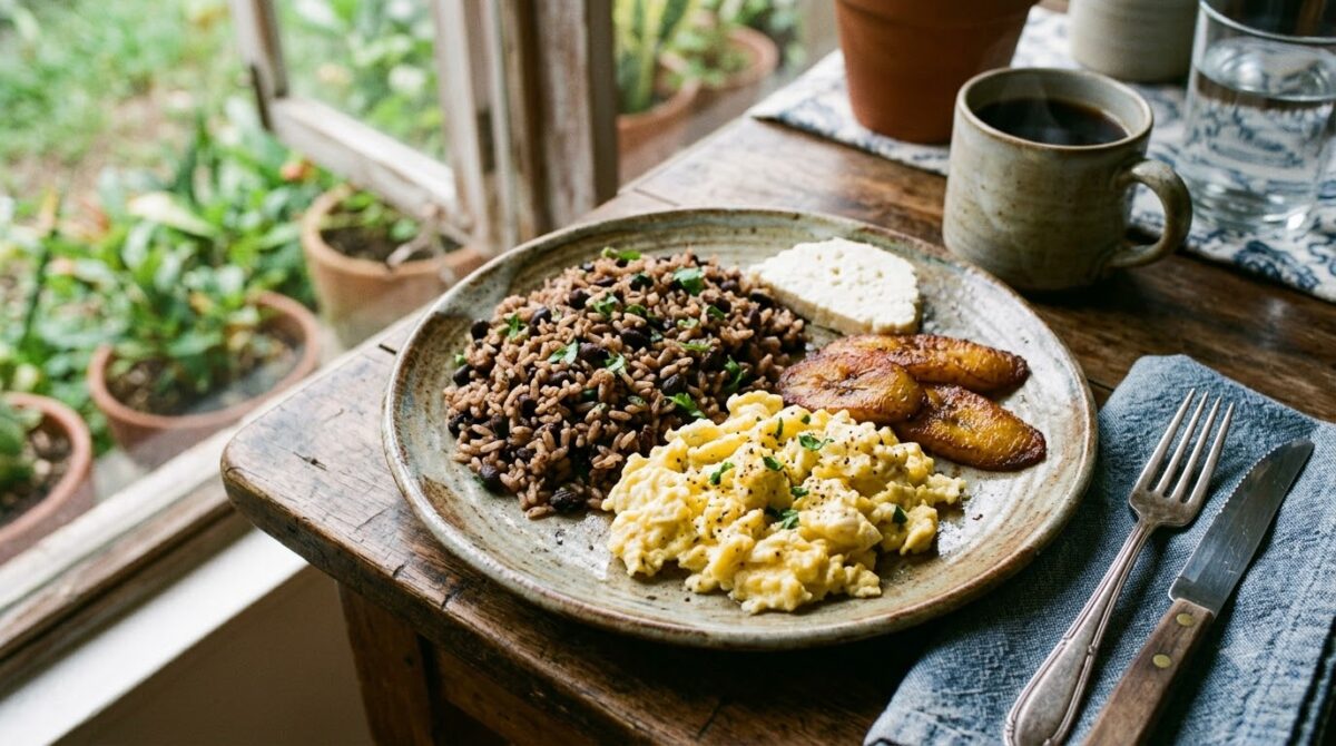 Gallo pinto breakfast of rice and black beans with egg and fried plantain