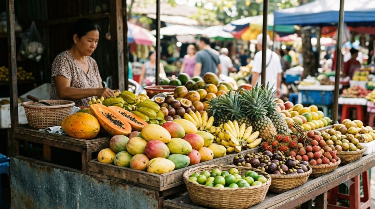 Market stall piled with tropical fruit in Costa Rica