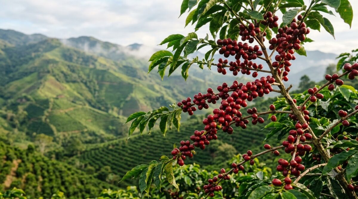 Ripe red coffee cherries on the branch at a highland farm in Costa Rica
