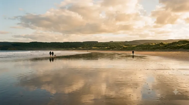 People walking on a reflective beach at sunset with cloudy sky.