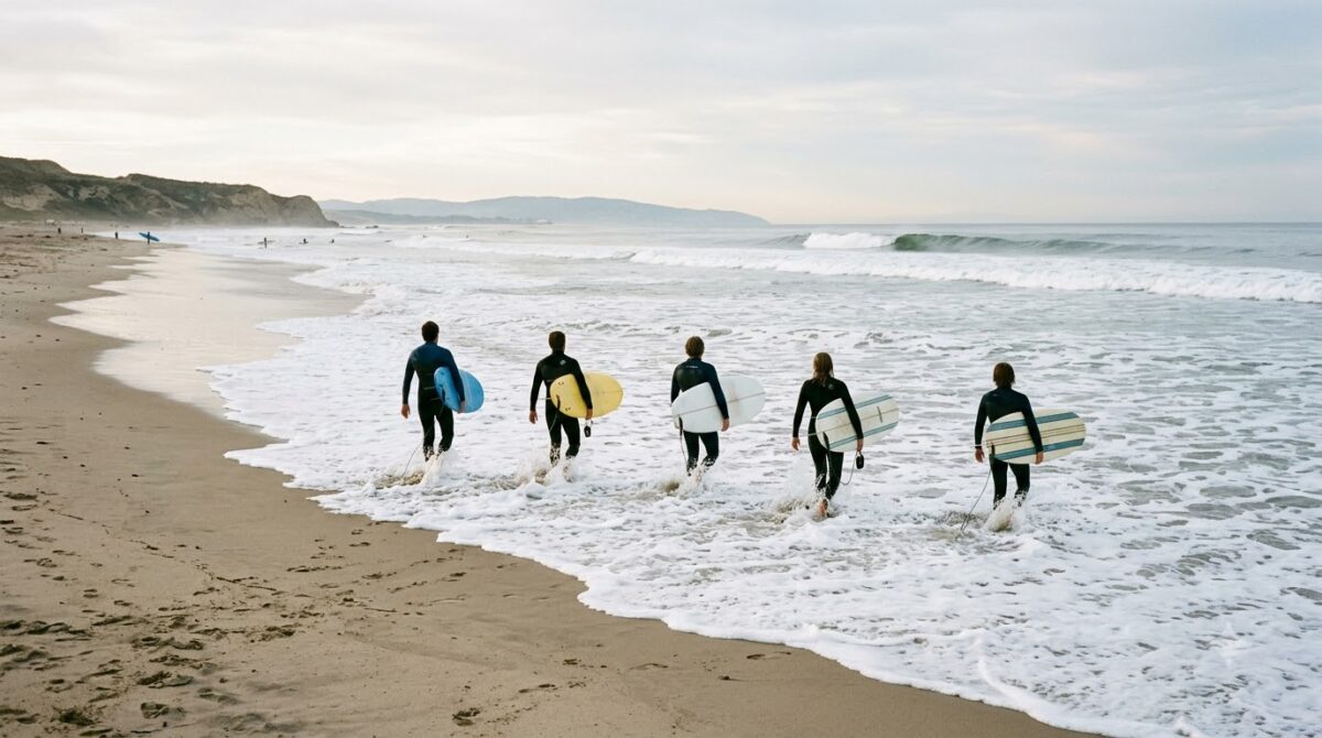 Beginner surfers carrying boards into the whitewater at Nosara, Costa Rica