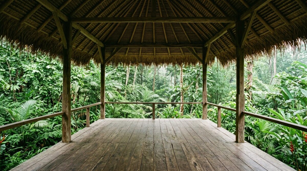 An open-air wooden yoga deck surrounded by forest in Nosara, Costa Rica