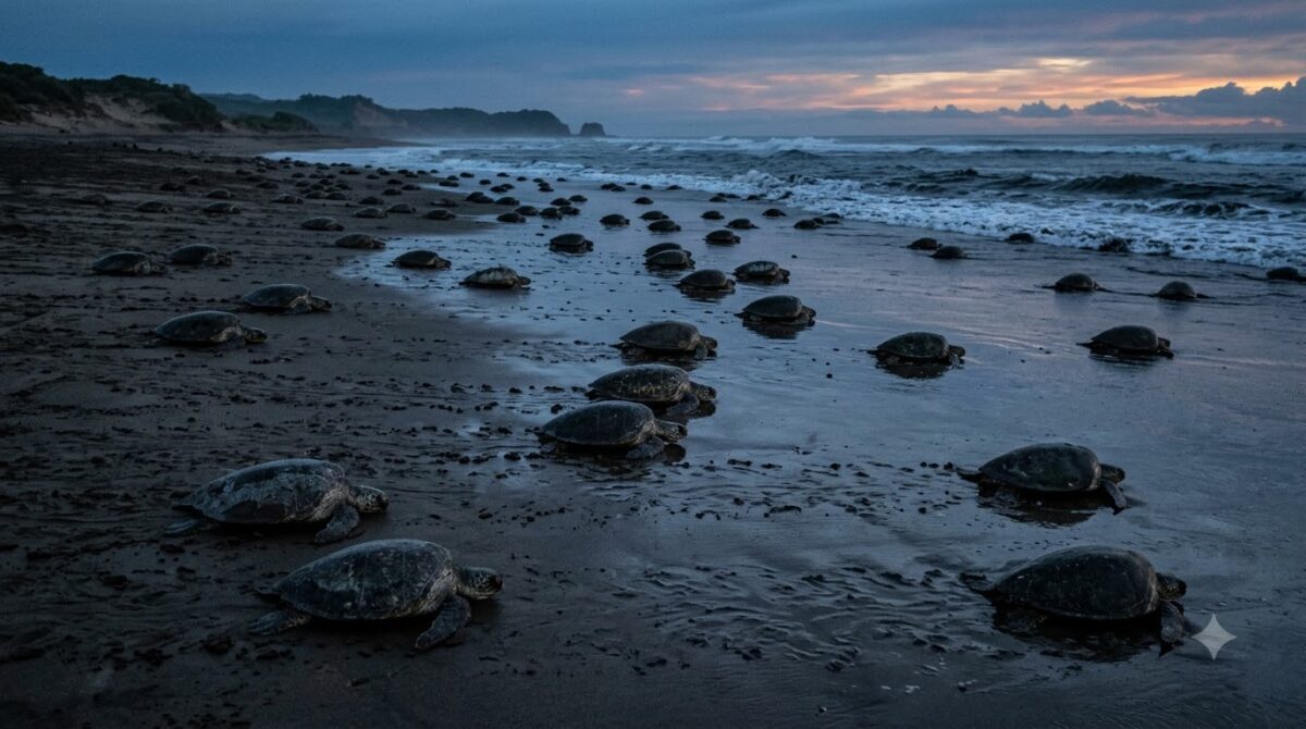 Sea turtles coming ashore at dawn during an arribada at Ostional, Costa Rica
