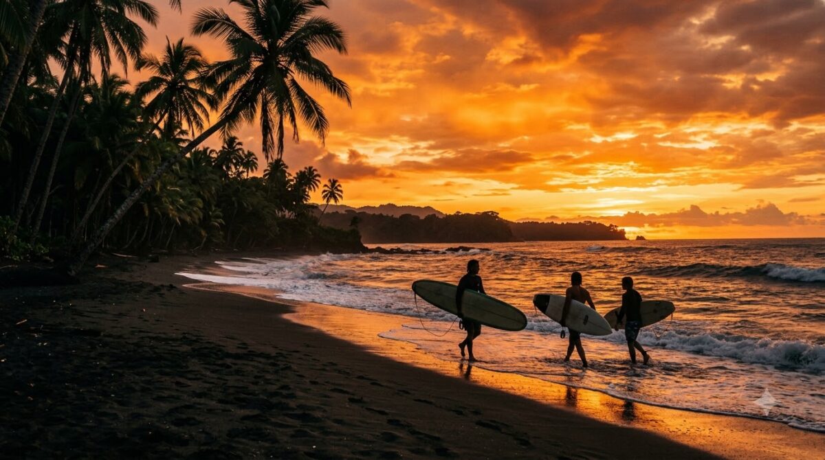 Surfers silhouetted at sunset on the dark sand of Santa Teresa, Costa Rica