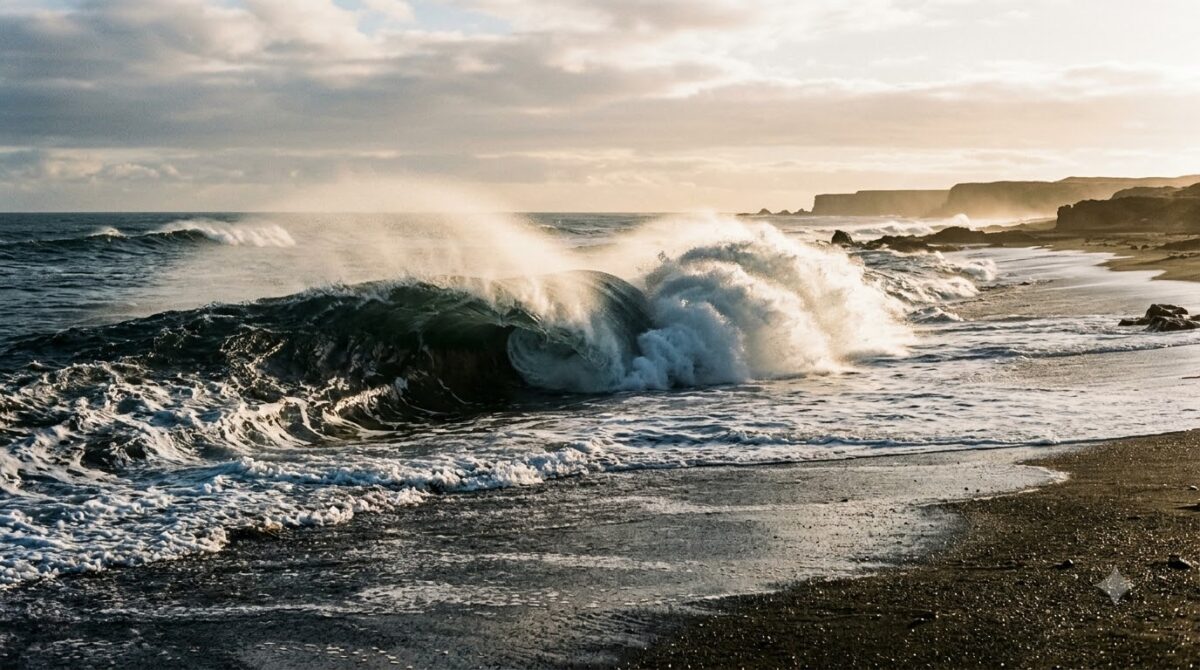 A powerful beach break wave on the dark volcanic sand at Santa Teresa
