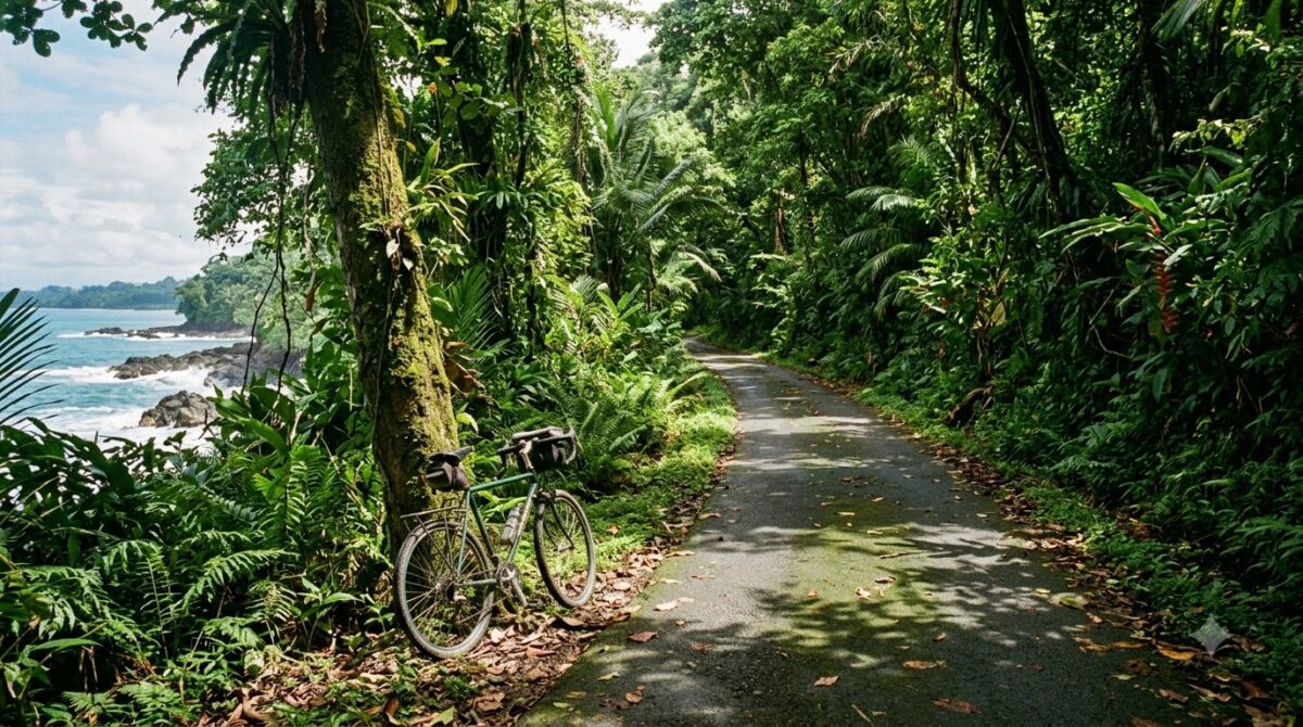 The flat paved coastal road through jungle south of Puerto Viejo, Costa Rica