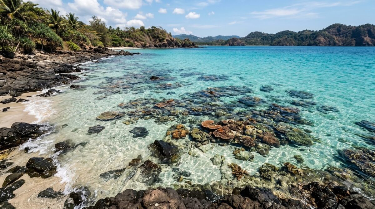 Clear shallow water over a coral reef on the Caribbean coast of Costa Rica