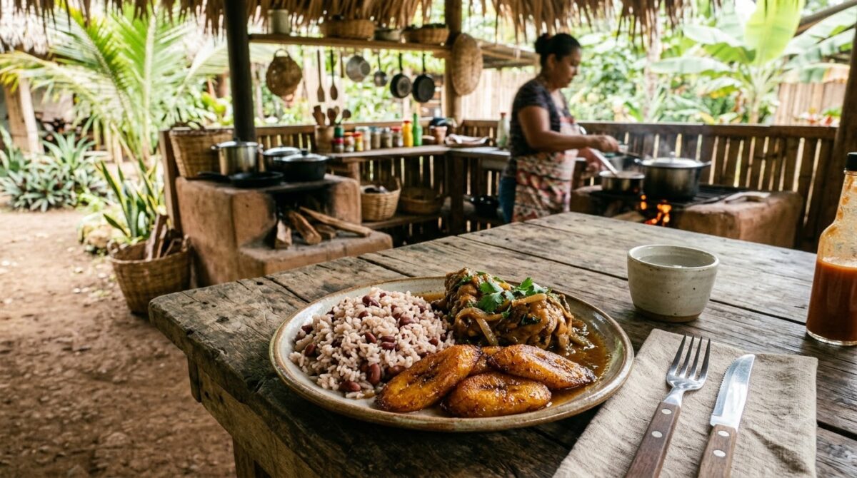Caribbean rice and beans cooked in coconut milk with stewed chicken and plantain