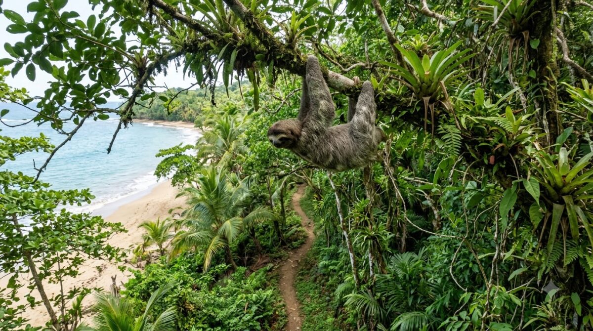 A three-toed sloth in the canopy above the coastal trail in Cahuita National Park
