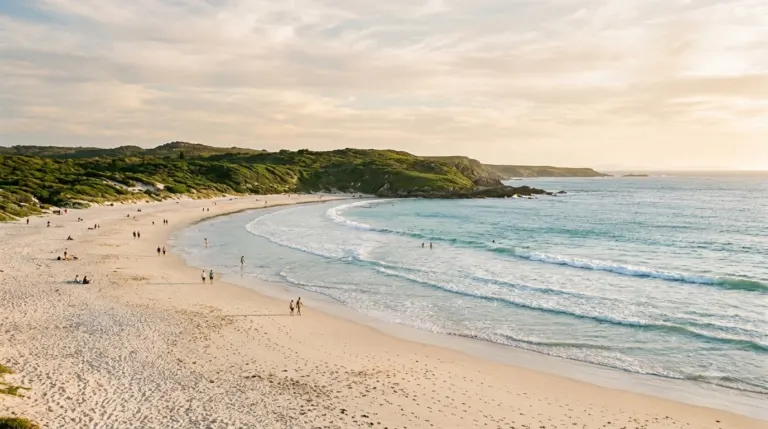 Beautiful beach scene with waves, sandy shore, and green cliffs at sunset.