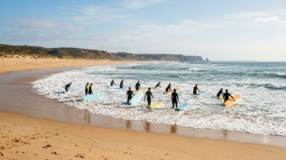 Beginner surfers on foam boards in the whitewater at Tamarindo, Costa Rica