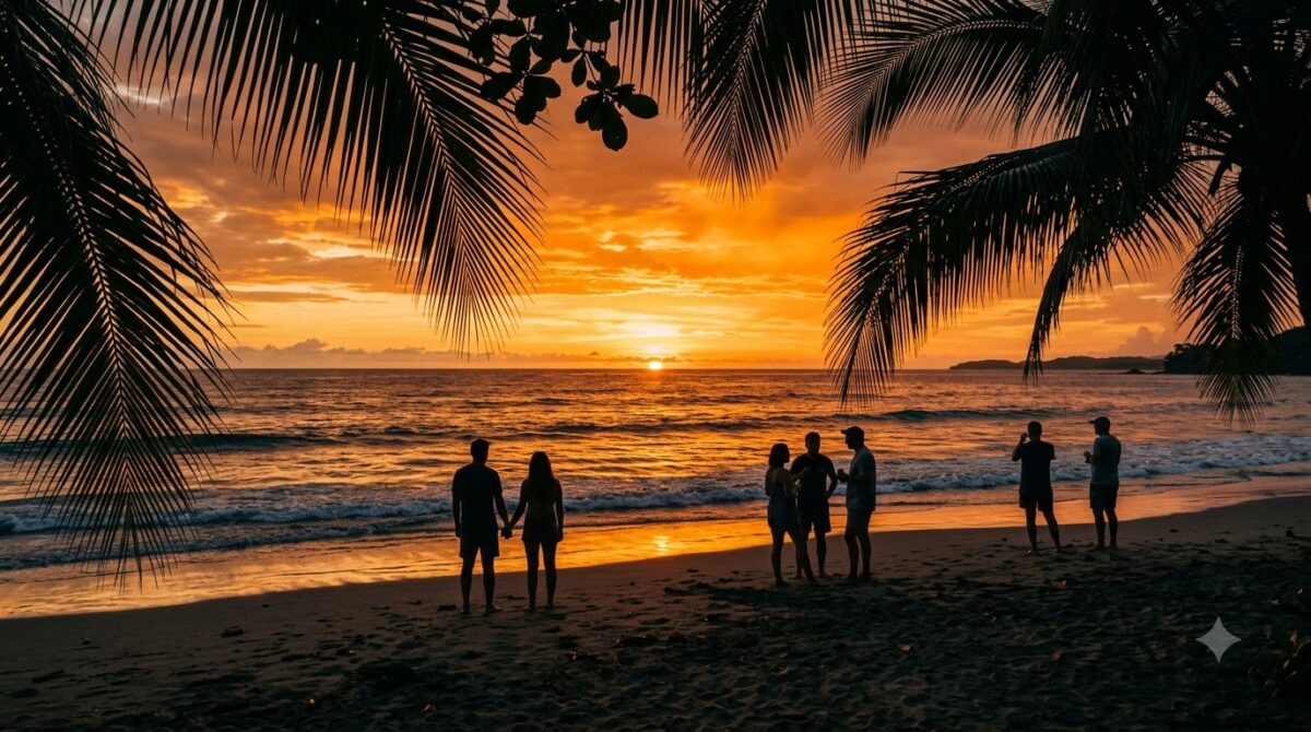Silhouettes watching sunset over the Pacific from the beach at Tamarindo