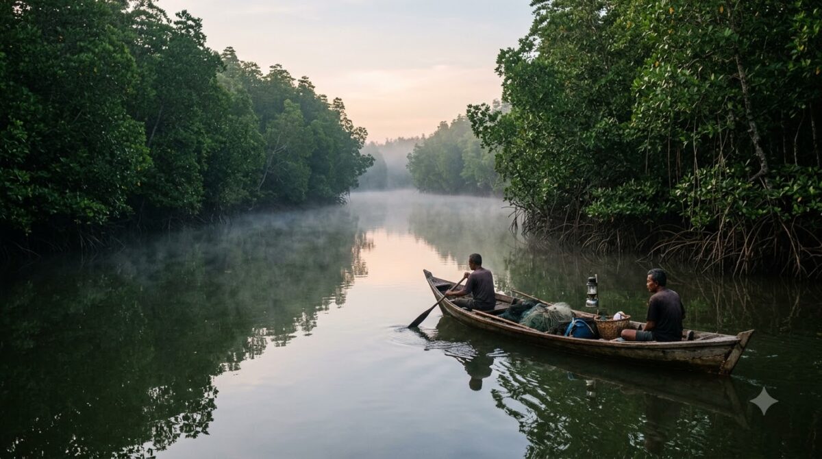 A small boat on the mangrove estuary at Tamarindo, Costa Rica at dawn