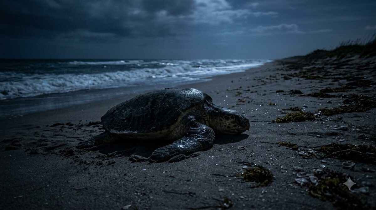 A leatherback sea turtle on a dark beach at night at Playa Grande, Costa Rica