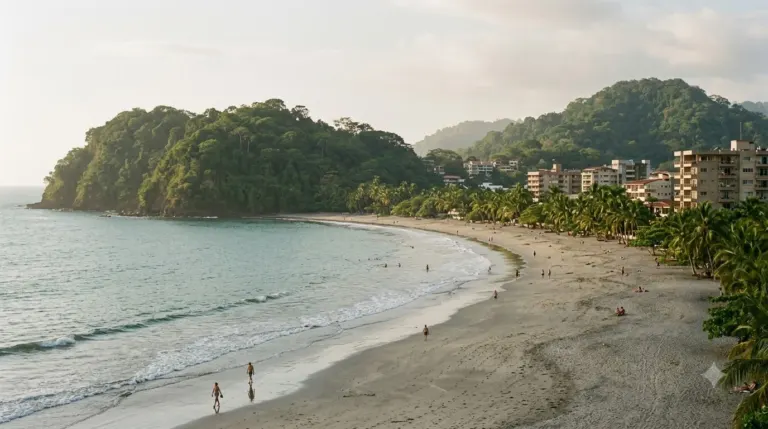 Scenic beach with hills, cityscape, and palm trees in the background.