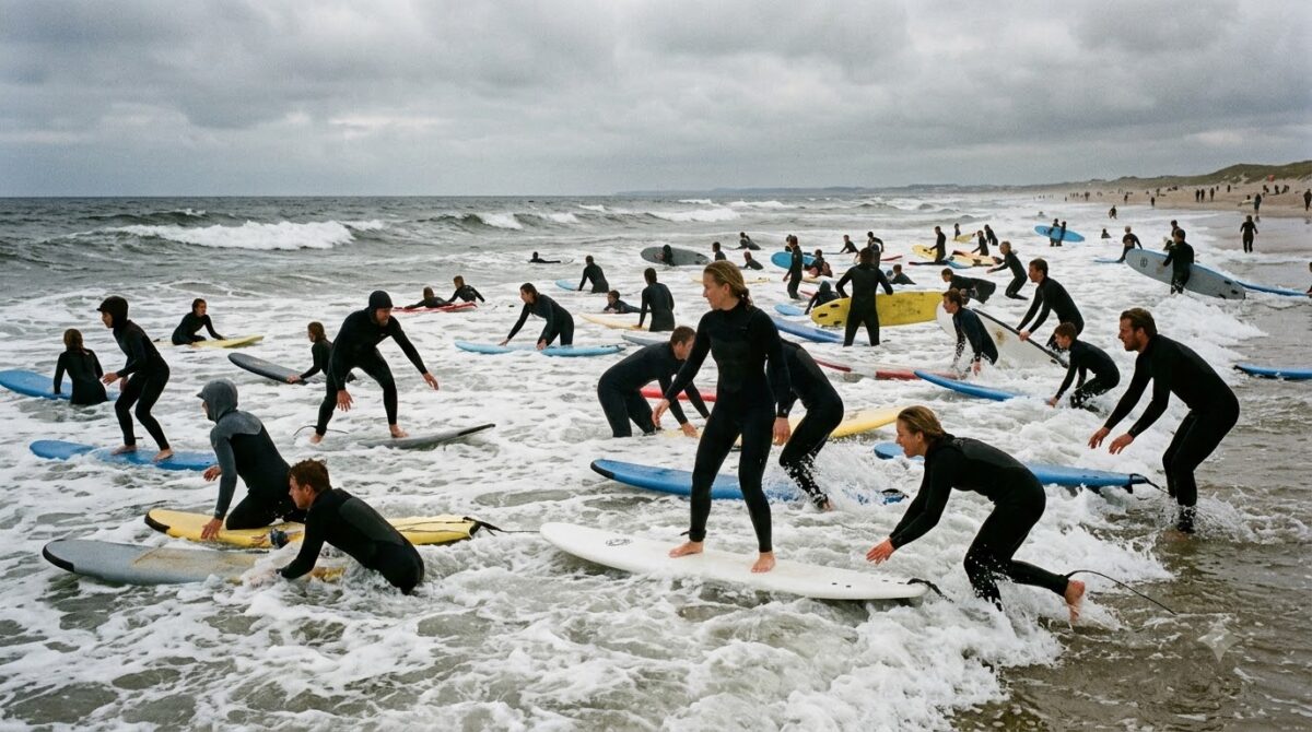 Beginner surfers crowding the whitewater at Jaco beach, Costa Rica