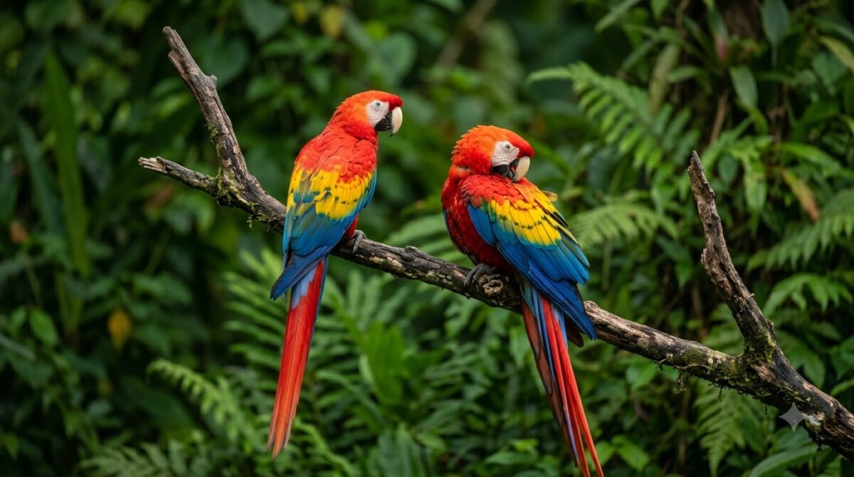 A pair of scarlet macaws on a branch in Carara National Park, Costa Rica