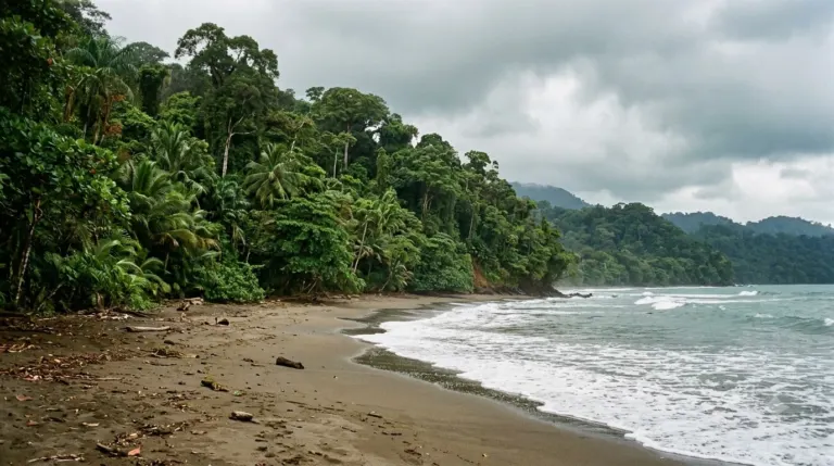 Scenic tropical beach with lush jungle and cloudy sky.
