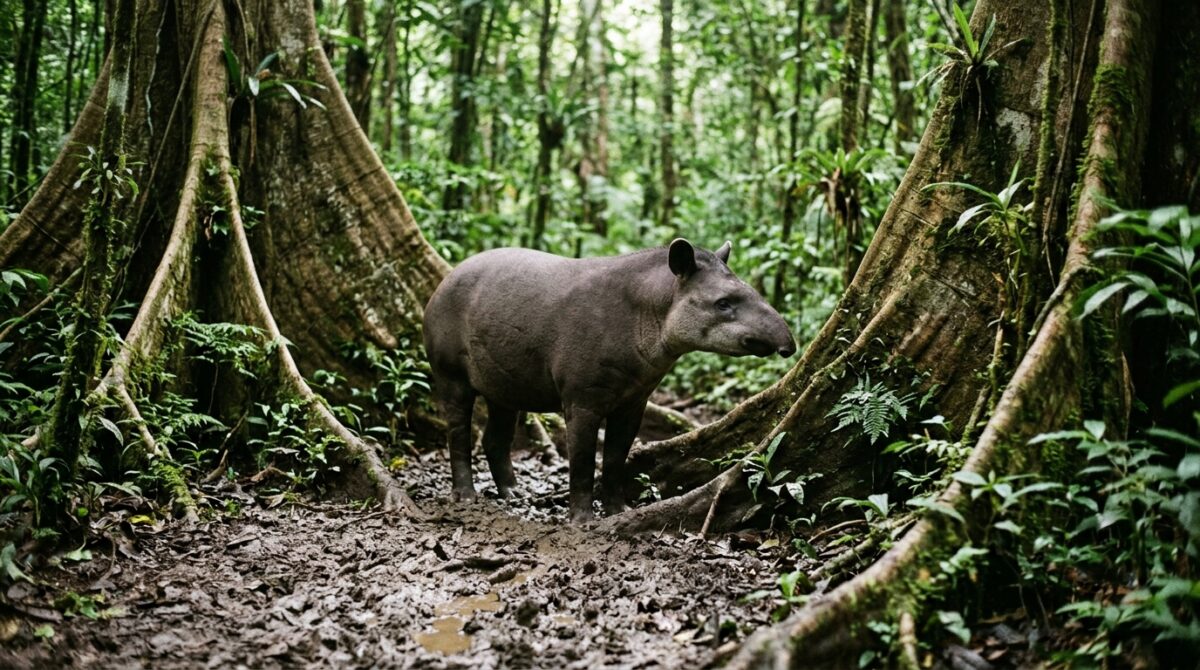 A Bairds tapir on a rainforest trail in the Osa Peninsula, Costa Rica