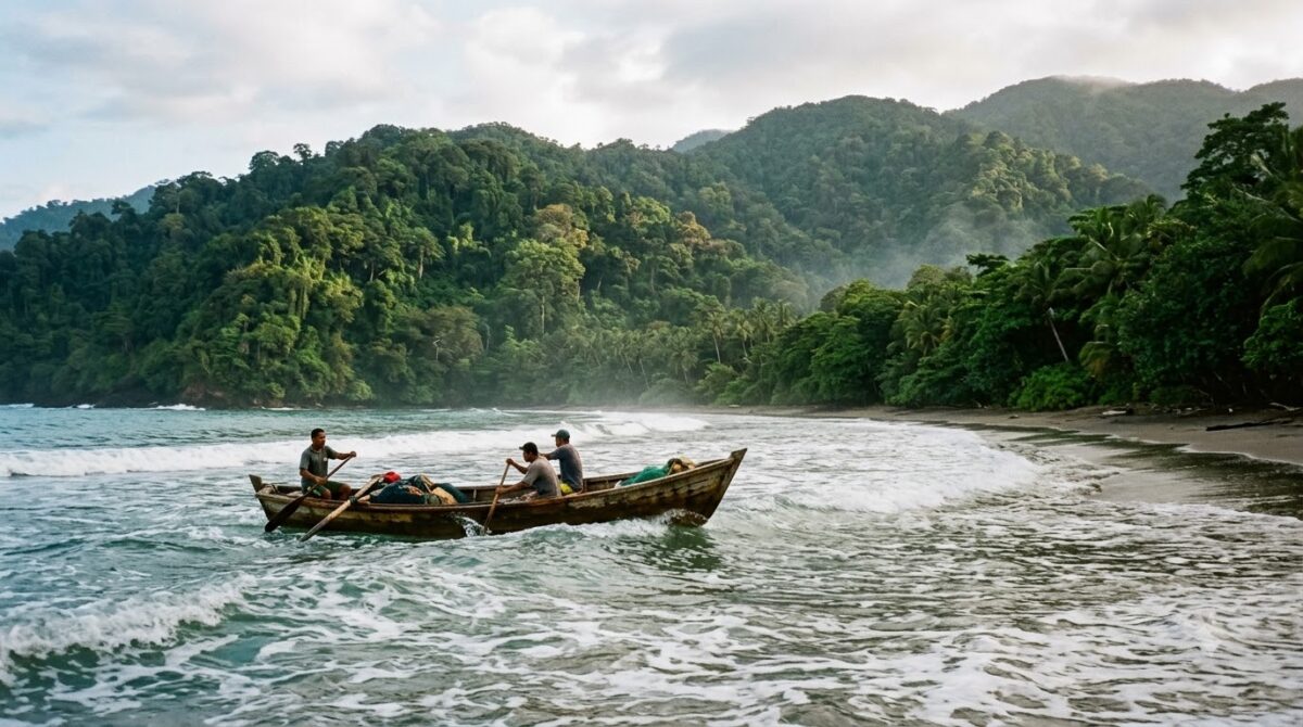 A small boat arriving at Drake Bay through surf on the Osa Peninsula, Costa Rica