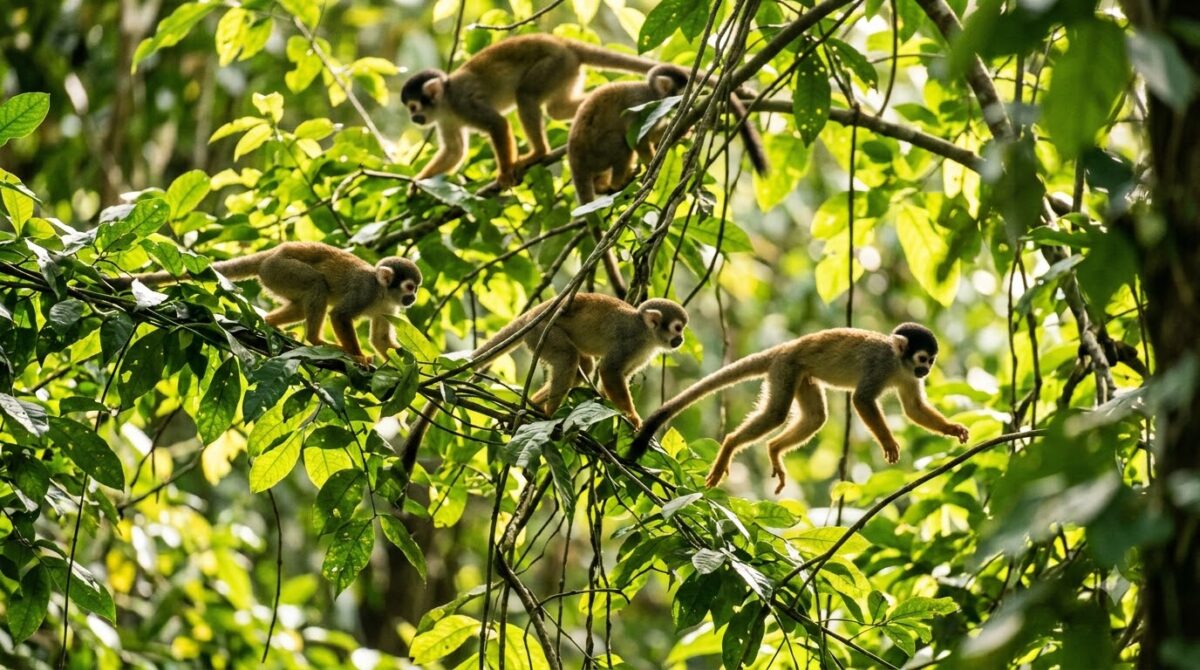 Squirrel monkeys in the rainforest canopy on the Osa Peninsula, Costa Rica