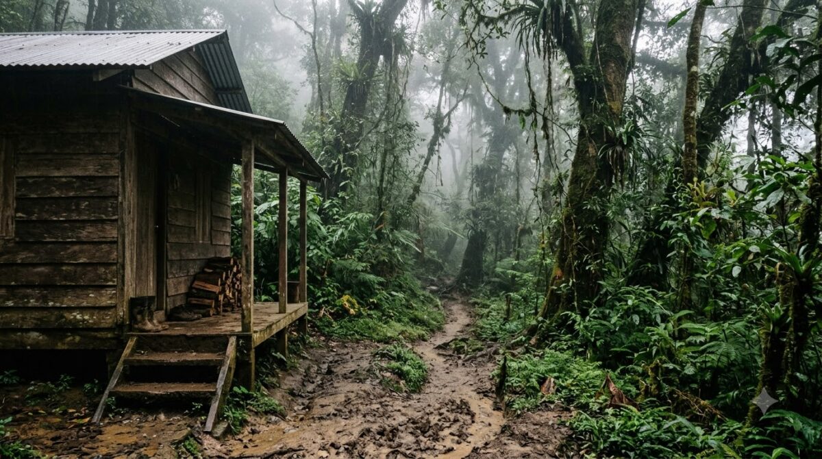 A muddy rainforest trail leading from a ranger station in Corcovado National Park