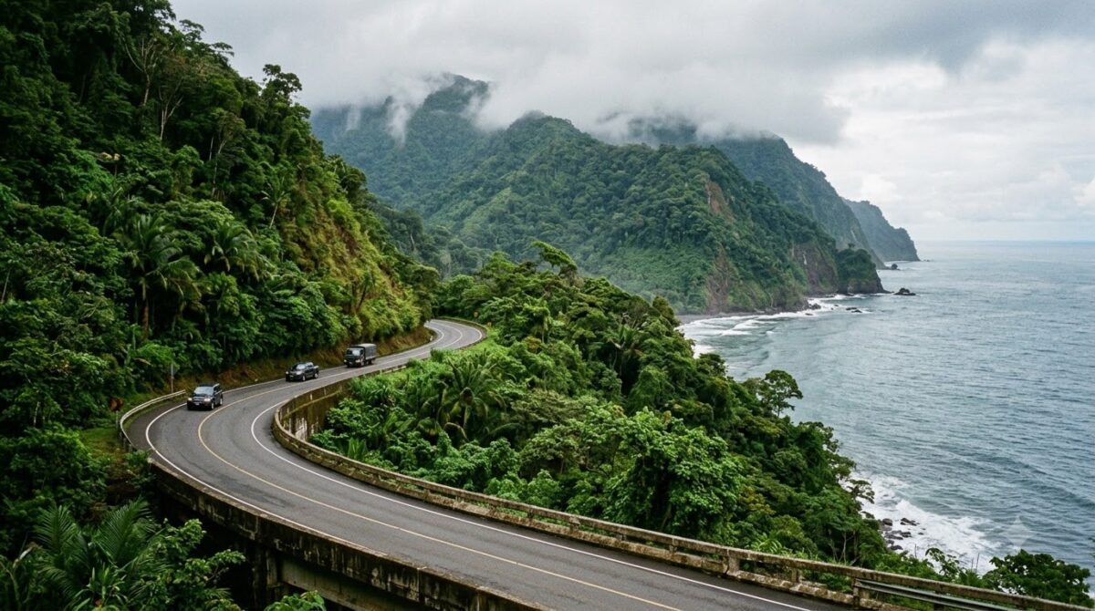 The Costanera coastal highway running through jungle hills near Uvita, Costa Rica