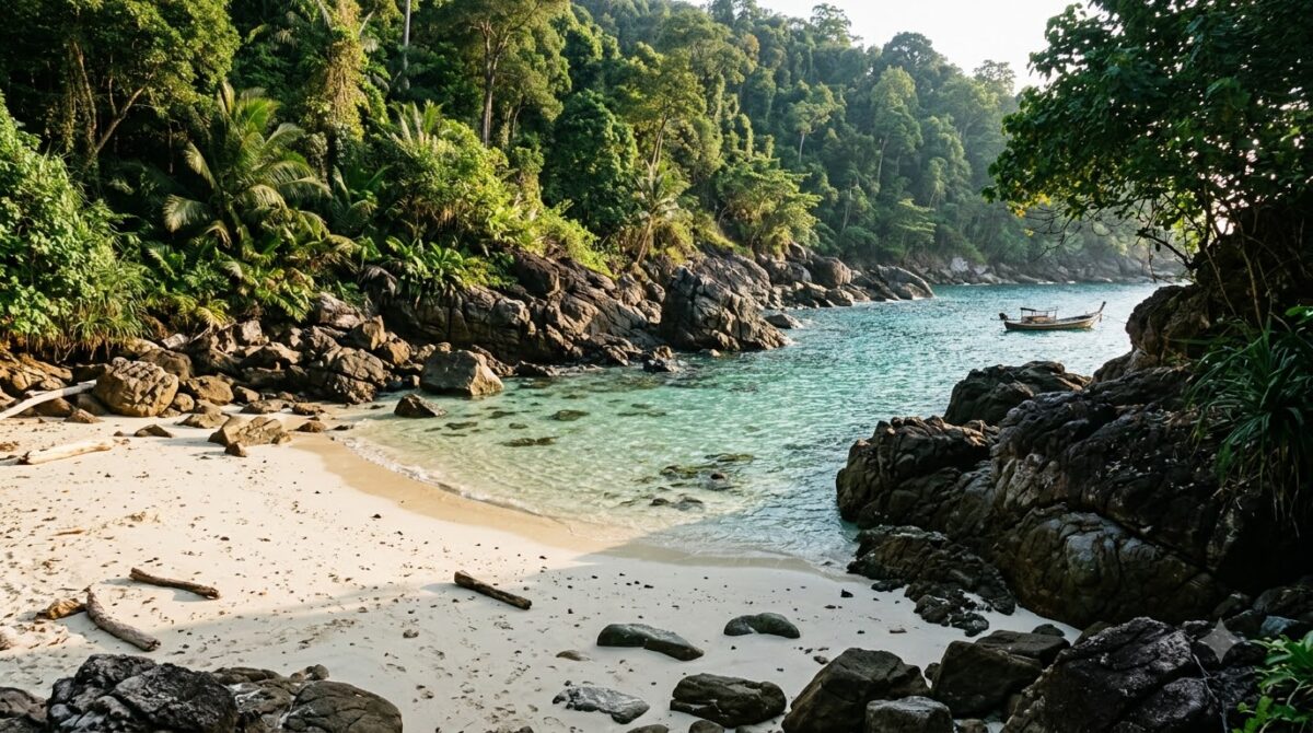 A rocky cove with pale sand at Montezuma on the Nicoya Peninsula, Costa Rica