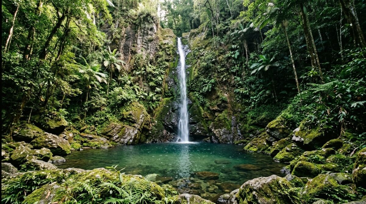 The Montezuma waterfall falling into a clear pool in the jungle, Costa Rica