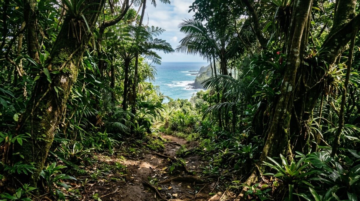 A forest trail leading down towards the ocean in Cabo Blanco reserve, Costa Rica