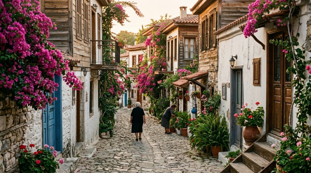 A small village street in Montezuma, Costa Rica with bougainvillea over low buildings