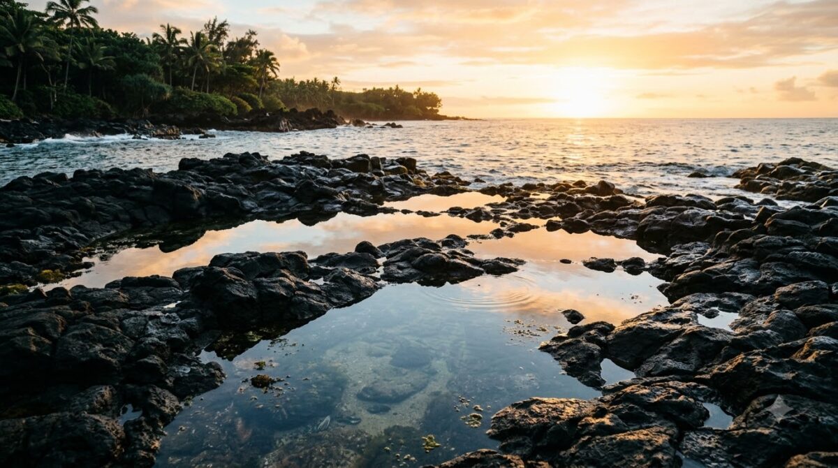 Tide pools on volcanic rock at low tide near Montezuma, Costa Rica at sunset