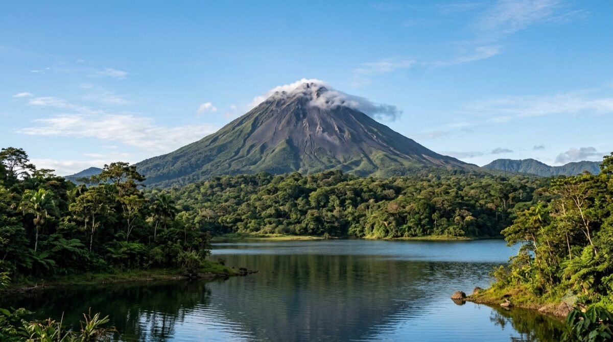 The Arenal Volcano cone above rainforest near La Fortuna, Costa Rica