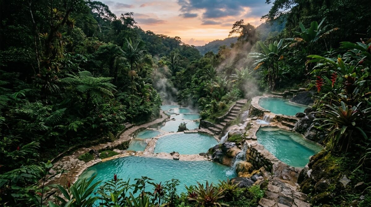 Terraced thermal pools with steam rising in the jungle near La Fortuna, Costa Rica