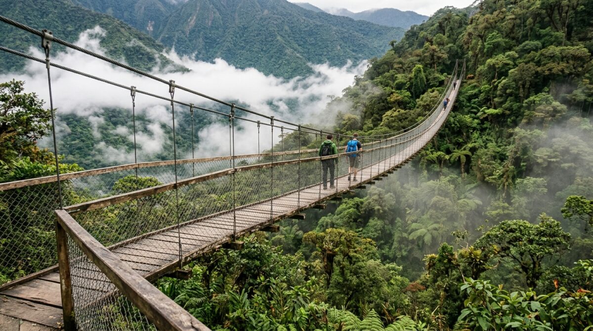 A suspension bridge over rainforest canopy near Arenal, Costa Rica